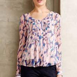 Maeve Anthropologie Pink Blue Semi-Sheer Silk Blouse